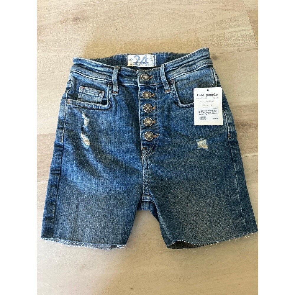 Free People Mid Indigo Ripped Button Fly Denim Jean Shorts Size 24